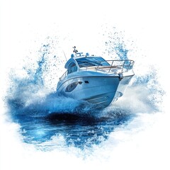 Fototapeta premium Luxury boat navigating through waves and splashes on white background
