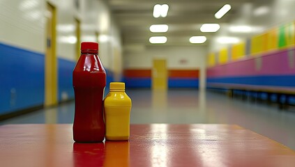 Red and yellow condiment bottles on a table in a hallway