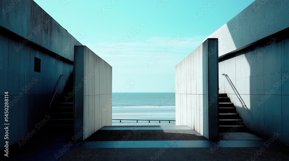 Poster modernist concrete structure with geometric shadows overlooking a calm ocean under clear blue sky