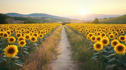 Sunflower field at sunset with path leading towards mountains