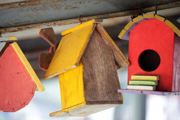 Colorful Wooden Birdhouses Hanging in a Rustic Setting