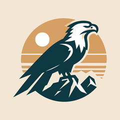 Eagle Silhouette Standing on Mountain in Vintage Monochrome Style