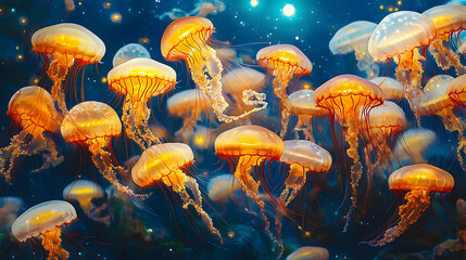 A vibrant underwater scene of many jellyfish.