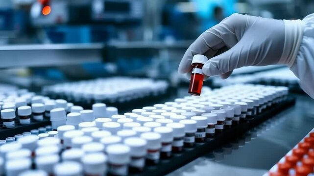 A gloved hand inspects vials on a pharmaceutical production line, highlighting stringent quality control in a laboratory. The setting emphasizes precision, safety, and adherence to standards.