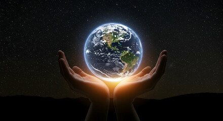 Hands Holding Earth with Stars in Background at Night Sky