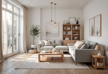 A bright Scandinavian-style living room featuring a light gray linen sofa natural oak coffee table minimalist bookshelf with neutral-toned decor and large floor-to-ceiling windows with sheer curtains