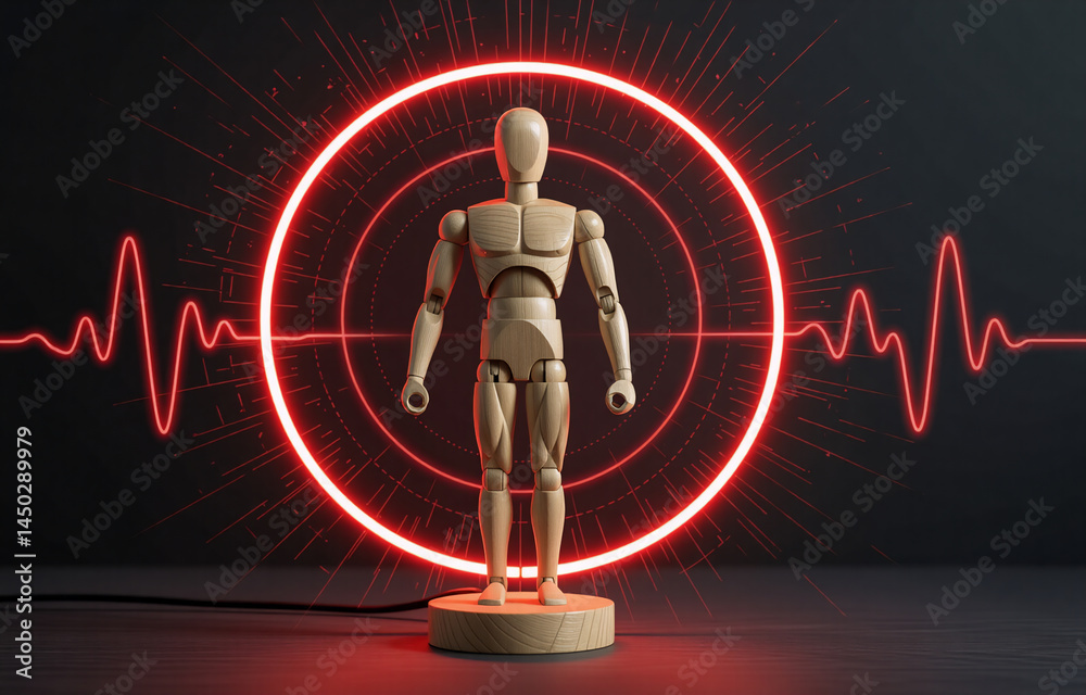 Poster a wooden mannequin stands within a glowing red circular energy field, surrounded by pulsating red he
