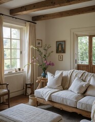 Fototapeta premium Cottage living room with natural light linen curtains and wooden bench 