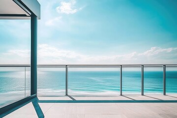 Obraz premium Modern balcony overlooking a tranquil ocean. A serene view of the coastal expanse. Clear blue sky and white puffy clouds. Glass railing encloses the terrace