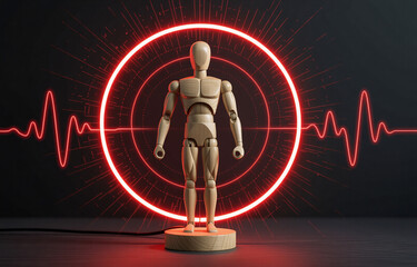 A wooden mannequin stands within a glowing red circular energy field,  surrounded by pulsating red heart rate lines.  The scene suggests vitality, health monitoring, or technological advancements in t