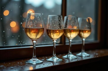 Four glasses of white wine on a rainy window sill