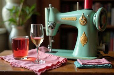 Vintage sewing machine with wine glasses on wooden table