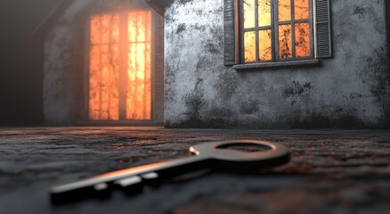 A lone key lies on the ground in front of a dimly lit, aged house, bathed in an eerie orange glow