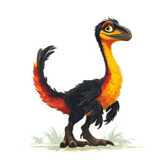 An animated feathered creature with a long neck stands on a grassy area, looking to the right. The character has black feathers on its body.