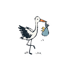 Chalk sketch of a stork delivering a chick in a bundle, evoking a sense of whimsical delivery. Perfect for greeting cards and nurseries.