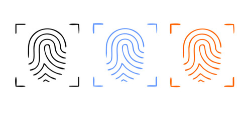Biometric Identification by Finger Print, Eye Recognize, Touch ID Line Icon Set. Scan QR Code, Barcode Technology Pictogram. Security Protection Symbol. Editable Stroke