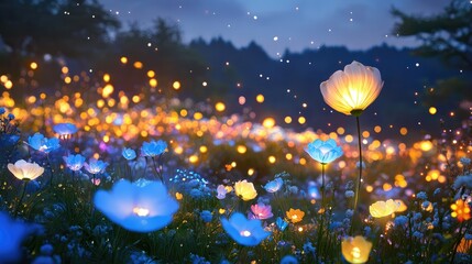 A stunning illuminated flower field at night, with blue, yellow, and white blooms glowing in the dark, casting a soft, dreamlike light over the scene