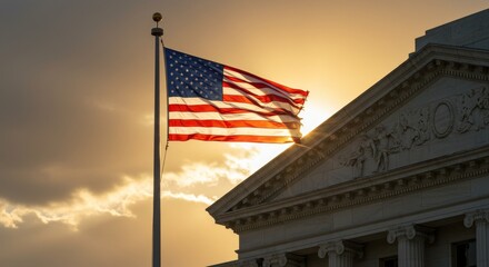 American Symbolism: Flag, Government Building, and a Golden Sunset Glow