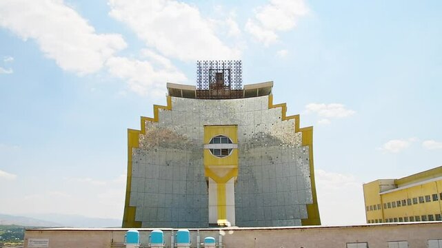 Parkent, Uzbekistan - 10th november, 2023: The solar furnace of Uzbekistan acting as a parabolic reflector. Institute of the sun and Physics of the sun.