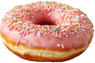 Colorful pink frosted donut with sprinkles on a white background, ideal for dessert promotions (2)