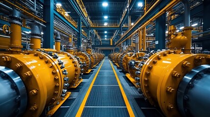 Obraz premium Industrial plant with yellow tanks, piping systems, and metal structures.