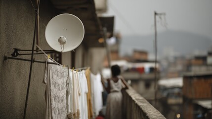 Laundry hangs from a narrow urban balcony, overlooked by satellite dishes and a sprawling cityscape, capturing life in a bustling, open environment.