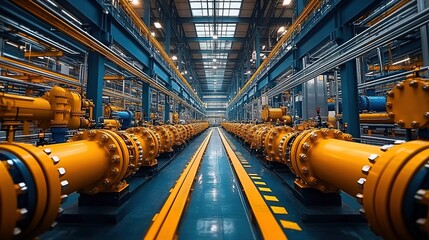 Industrial plant with yellow tanks, piping systems, and metal structures.