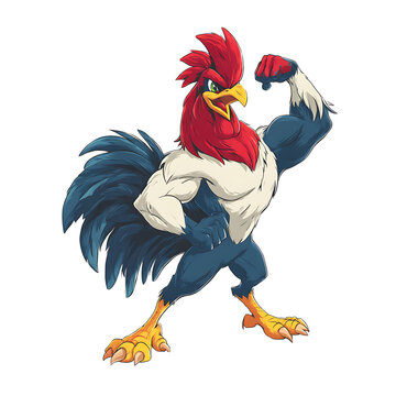 A cartoon rooster with muscular build flexing his arm, set against a white background with dynamic colors and details. Bold and strong depiction