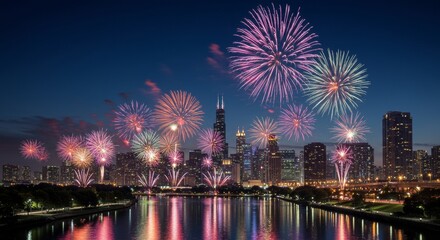 Spectacular Fireworks Over City Skyline Reflecting in Calm River at Night