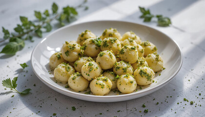 Delicious gnocchi with pesto placed neatly in a natural styled setting