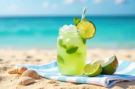 Refreshing lime mojito in jar on sandy beach with ocean view and seashells - Powered by Adobe