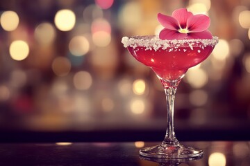 A sophisticated cocktail, served in a stemmed glass and garnished with a pink flower, sits atop a warm and welcoming wooden bar, surrounded by soft, blurred illumination