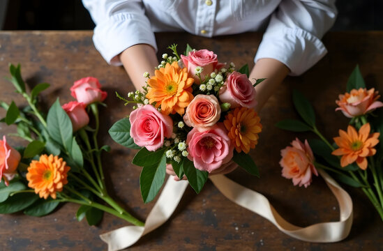 Top view of female florist making fresh flower bouquet on wooden table, concept of floral design, wedding decor, handmade arrangements.  - Powered by Adobe