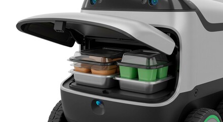 Delivery robot with open compartment showing food containers inside against a white background studio shot