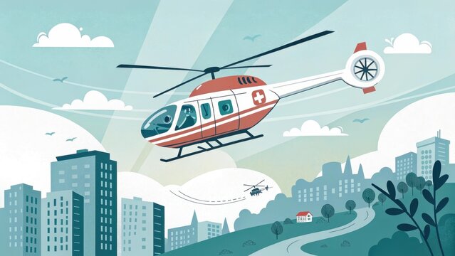 A helicopter flies across a clear sky, delivering a vital organ for transplantation. A symbol of speed, reliability and emergency medical care. The scene conveys urgency and hope.