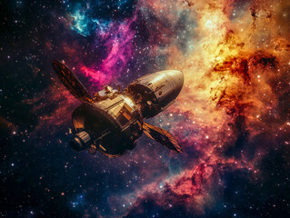 Fototapeta premium A retro-futuristic satellite floats through the vastness of deep space