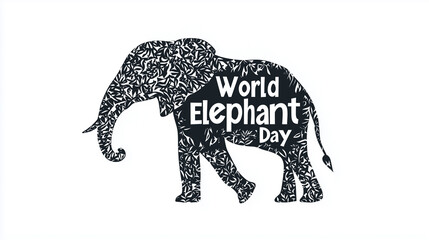 Illustration, silhouette of elephant, big text " World Elephant Day", isolated on white, design for T-shirt, print, poster.