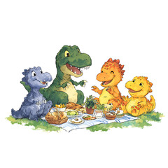 Naklejka premium Dinosaur Family Picnic: Colorful cartoon dinosaurs enjoy a cheerful picnic together on a sunny day, sharing food and friendship in a delightful scene.