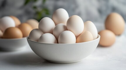 Fresh eggs in bowl with soft lighting and blurred background