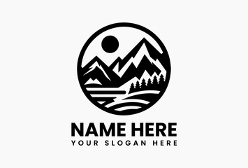 Bold black mountain range silhouette with clean lines, timeless logo for outdoor gear and national parks
