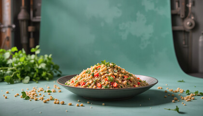 Delicious quinoa salad placed neatly in a industrial styled setting
