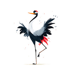 Stylized Crane on one leg: A dynamic illustration with outstretched wings, creating a whimsical and captivating image on a white background.