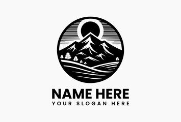Bold black mountain range silhouette with clean lines, timeless logo for outdoor gear and national parks