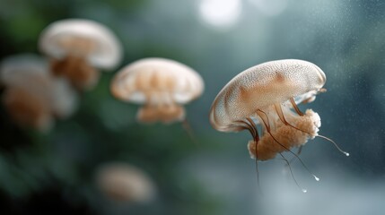 Elegant jellyfish sway gracefully in the clear waters, their delicate bodies dancing with the currents, embodying the ocean's quiet, mysterious allure.