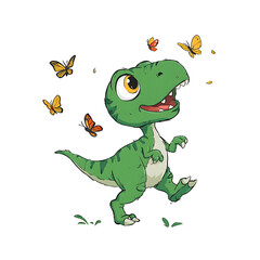 Obraz premium Cartoon Dinosaur Adventures: A cheerful green dinosaur prances amidst fluttering butterflies, radiating joy and playful energy in a vibrant scene.