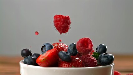 Fresh berries including strawberries, raspberries, and blueberries falling into a white bowl - Powered by Adobe