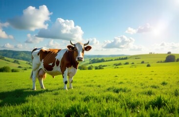 Brown and white cow grazing in lush green field under blue sky and white clouds