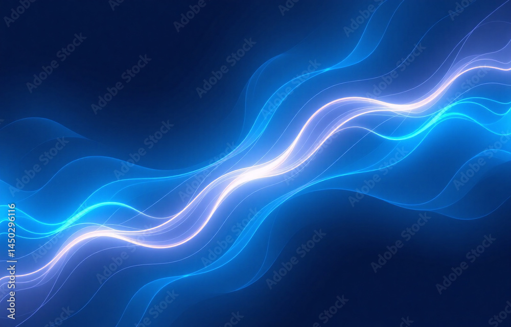 Poster Glowing blue and white abstract waves flow dynamically across a dark background, creating a vibrant energy pattern.