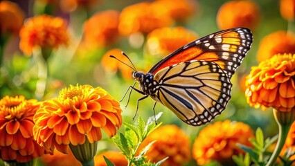 A monarch butterfly sips nectar from a bright orange marigold, its wings reflecting the warm sunlight, surrounded by soft, feathery leaves and delicate stems, bloom, butterfly