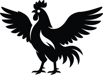 Striking Black Silhouette of a Rooster with Spread Wings, Bold Rooster Silhouette with Wings